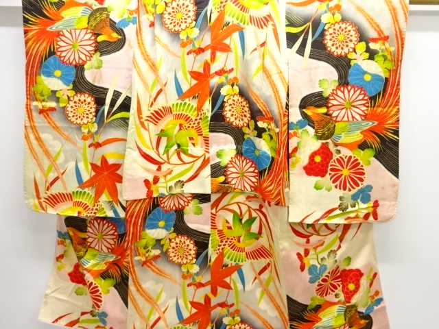 アンティーク　錦紗鶴に菊模様着物